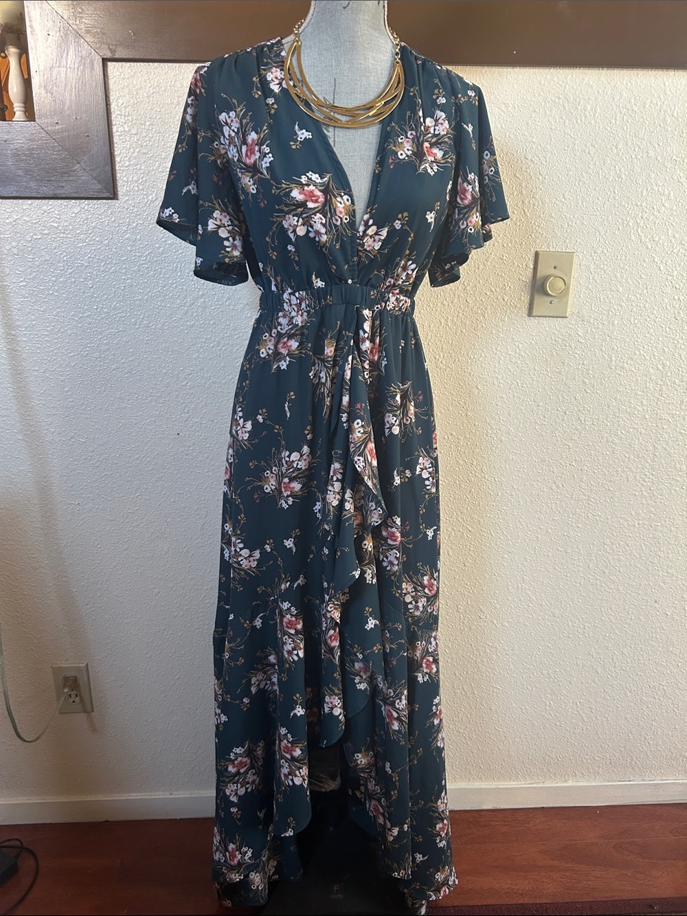 Floral V-Neck Maxi Dress in Teal